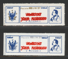 POLAND SOLIDARNOSC SOLIDARITY 1989 (POCZTA NZS) JOZEF PILSUDSKI UNIVERSITY SET OF 2 POLISH MARSHALL PRESIDENT MILITARIA - Solidarnosc Labels