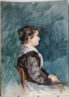 Aquarelle XIXè.- B. Flournoy.  "Femme Assise De Profil Au Foulard Blanc Sur Fond Bleu". Signée Et Daté 1894. - Wasserfarben