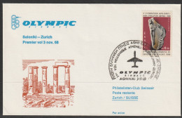 1968, Olympic Airways, Erstflug, Saloniki Greece - Zürich - Brieven En Documenten
