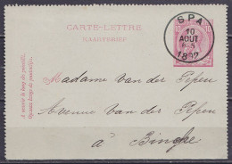 EP Carte-lettre 10c Rose (N°46) Càd SPA /10 AOUT 1892 Pour BINCHE (au Dos: Càd Arrivée BINCHE) - Letter-Cards