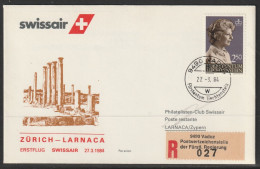 1984, Swissair, Erstflug, Liechtenstein - Larnaca Cyprus - Poste Aérienne