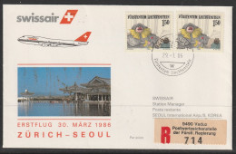 1986, Swissair, Erstflug, Liechtenstein - Seoul Korea - Poste Aérienne