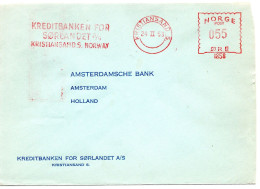 77147 - Norwegen - 1953 - 55o AbsFreistpl "Kreditbanken ..." A Bf (dreiseit Geoeffn) KRISTIANSAND -> Niederlande - Covers & Documents