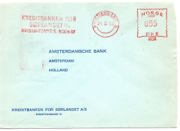 77147 - Norwegen - 1953 - 55o AbsFreistpl "Kreditbanken ..." A Bf (dreiseit Geoeffn) KRISTIANSAND -> Niederlande - Storia Postale