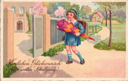 H1046 - Litho Glückwunschkarte Schulanfang - Kleines Mädchen Zuckertüte - Amag - Children's School Start