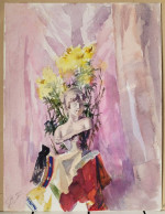 Aquarelle Pochade "Statue De Marianne Dans Un Bouquet De Fleurs". Fond D'Atelier Signé B.F. Vers 1900 - Wasserfarben