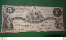 ETATS UNIS: Confederates States Of America. N° 52948, 5 Dollars. Date 02/09/1861 ........ Env.2 - Valuta Della Confederazione (1861-1864)
