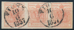 O 1850 3kr MP III. Hármascsík, A 2 Jobb Oldali Között Hajtva / 3kr Type MP III. Stripe Of 3, Folded Between The 2nd And  - Autres & Non Classés