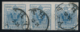 O 1850 9kr HP IIIb. Kék Vízszintes Hármascsík / Type HP IIIb. Blue Stripe Of 3. "PESTH" Certificate: Strakosch (ANK EUR  - Autres & Non Classés