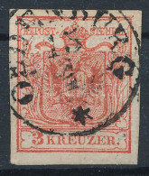 O 1850 3kr HP III. Típus, Kárminpiros, Lemezhibák A 3-ban és A Felső Keretvonalon / Type HP III. Carmine Red, Plate Flaw - Autres & Non Classés