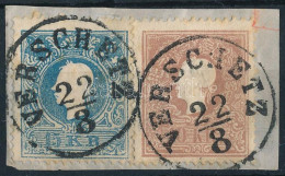 1858 10kr Festékfoltok + 15kr, Mindkettő II. Típus Kivágáson / 10kr Paint Spots + 15kr, Both Type II. On Cutting "VERSCH - Altri & Non Classificati