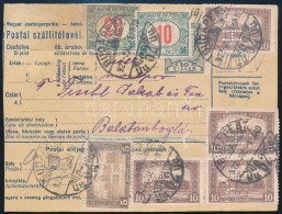 1922 Postai Szállítólevél 5 Db H.J. Perfin és 2 Db Portó Bélyeggel Budapestről Balatonboglárra / Parcel Card With 5 Perf - Altri & Non Classificati