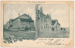 T2/T3 1900 Plzen, Pilsen; Erste Pilsner Malzfabrik / Malt Factory, Brewery, Tram. Art Nouveau, Floral (EK) - Zonder Classificatie