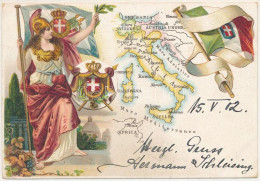 T2/T3 1902 Italia / Italy. Art Nouveau Litho Map With Coat Of Arms And Flag (EK) - Non Classés