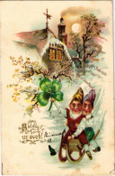 T2/T3 1904 Boldog új évet! Szánkózó Törpék / New Year Greeting, Dwarves Sledding, Winter Sport. Litho (fl) - Unclassified