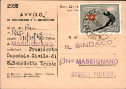 Repubblica - Ricevuta Di Ritorno Con Universiade Invernali 40 Lire (1014) Da Massignano 10.10.67 Per S. Benedetto Del Tr - Other & Unclassified