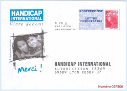 Entier FRANCE - PAP Enveloppe Postréponse Handicap International 09P506 Neuf ** - TVP Beaujard Rouge - Prêts-à-poster: Réponse /Beaujard