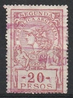 Fiscaux / Revenue, Argentina 1909 - Segunda. Ley De Sellos -|- 20 Pesos - Officials
