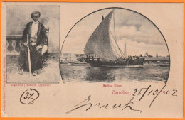 1902 - 10 C Groupe Bord De Feuille Surchargé 1 Anna Sur CP De ZANZIBAR Vers Salerno, Italia - Via Port Said, Egypte BFE - Covers & Documents