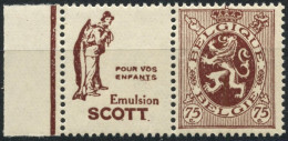 BELGIQUE - COB PU 58 - 75C LION HERALDIQUE TIMBRE PUBLICITAIRE "SCOTT (ENFANTS)" - NEUF - Mint