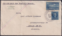 1930-H-104 CUBA REPUBLICA 10c AIRMAIL MATANZAS TO GERMANY.  - Storia Postale
