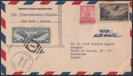 1931-H-116 CUBA REPUBLICA 10c AIRMAIL FORWARDED TRANS CLIPPER US STAMP TO SPAIN.  - Covers & Documents