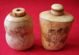 2 Tabatières Anciennes Asie Décor Erotique Curiosa Old Snuff Box Flacon à Tabac à Priser Tobacco Chine Ou Japon - Contenitori Di Tabacco (vuoti)