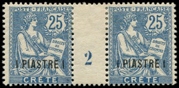 * CRETE 16 : 1pi. Sur 25c. Bleu, PAIRE Mill.2, TB - Other & Unclassified