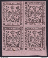 1852 MODENA, N° 9a 10 Cent. Rosa Vivo  **/*  QUARTINA  Firma Bolaffi/A.Diena - Modène