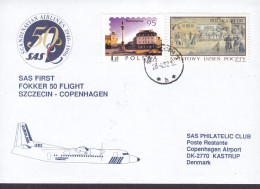 Poland SAS First Fokker 50 Flight SZCZECIN-COPENHAGEN 1997 Cover Brief Lettre Warszawa & Swiatowy Dzien Poczty Stamps - Flugzeuge