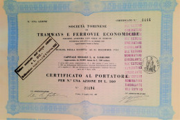 Societa Torinese Di Tramways E Ferrovice Economiche - Certificato Al Portatore (1934) - Spoorwegen En Trams