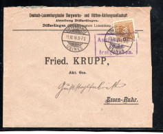 1916 , 12 1/2 C. Perfin " DL " Dt.Lux. Hütten  Bf An Krupp In Essen , Zensur-Stp#106 - 1914-24 Marie-Adélaïde