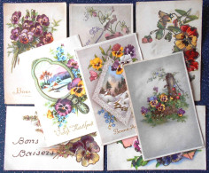 CPA Lot 7 X Litho Illustrateur FLEURS FLEUR THEME PENSEE PENSEES VOEUX LANGAGE PAILLETTES - Collections & Lots