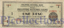 PHILIPPINES 1 PESO 1941 PICK S624b AVF EMERGENCY BANKNOTE - Philippines
