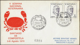 Espagne 1970. Oblitération Semaine Nationale Vétérinaire. Crabe, Poisson. Saint Jacques De Compostelle - Crustacés