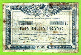 FRANCE/ CHAMBRES DE COMMERCE QUIMPER & BREST/ BON De 1 FRANC / 1920 / 139180 / SERIE E - Chambre De Commerce