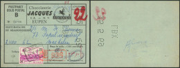 Postpaket / Colis Postal "Chocolaterie Jacques" (Eupen) + Affranch. à 35F & Perforation > Mechelen / Canton De L'est - Documenti & Frammenti