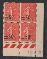 FRANCE - 1926 - N°YT. 221 - Type Semeuse 50c Sur 85c Rouge - Bloc De 4 Coin Daté - Neuf Luxe** / MNH - ....-1929