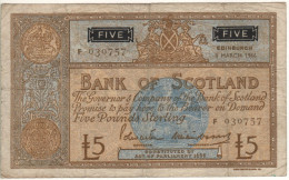 SCOTLAND  5 Pounds    Bank Of Scotland  P106b  Dated 8 March 1966  ( Arms & Saiiing Ship On Back) - 5 Pounds