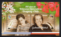 URUGUAY 2023 (Diplomacy, Chile, Poets, M E Vaz Ferreira, Gabriela Mistral, Nobel Prize, Literature, Flowers) - 1 Block - Vaches