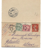 CARTE LETTRE A 10 CT AU TYPE SEMEUSE 1907 AVEC AFFRANCHISSEMENT COMPLEMENTAIRE DE 2 TIMBRES - Kaartbrieven