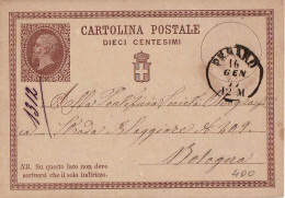16242 01 CARTOLINA POSTALE 10 CENTESIMI - PESARO X BOLOGNA 1877 - Postwaardestukken