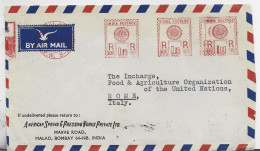 INDIA EMA RED 0.15RX2+ R 1.00 LETTRE COVER AIR MAIL BOMBAY 1966 TO UNITED NTIONS ROMA ITALIE ITALY F.A.O. - Covers & Documents