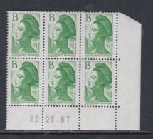 France Type Liberté N° 2483 XX : B Vert  En Bloc De 6 Coin Daté Du 25 . 05 . 87 ;   Sans Charnière TB - 1980-1989