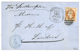 1869 40c (n°31) Obl. Killer Anglais 723 + SOUTHAMPTON /FRANCE/ M.B. Sur Lettre Du HAVRE Pour L' ANGLETERRE. Signé CALVES - Schiffspost