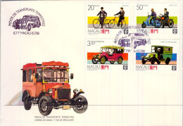 1988 MACAO , PRIMER DIA / FIRST DAY COVER , YV. 567 / 570 - MEDIOS DE TRANSPORTE TERRESTRES , BICICLETA , COCHE , MOTO - FDC