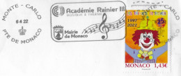 MONACO MONTE CARLO FLAMME ACADEMIE RAINIER III MUSIQUE, THEATRE 2022, TIMBRE ENFANTS DE FRANCE 2022, UN CLOWN ( CIRQUE ) - Cartas & Documentos