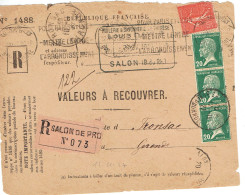 Tarifs Postaux France Du 09-08-1926 (110) Pasteur N° 172 20 C. X 3 + 50 C. Semeuse Devant D'enveloppe Valeur à Recouvrer - 1922-26 Pasteur