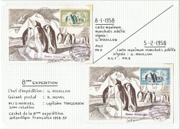8e Expé Terre Adélie - 2 Artes Postales Signées G. Rouillon - Cachet De La 8e Expédition - 8/1/58 Et 5/2/58 - Covers & Documents