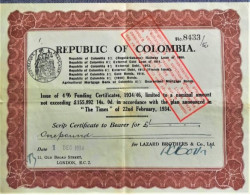 Republic Of Colombia - Interest Certificate - Lazard Brothers - 1934 - Bank En Verzekering